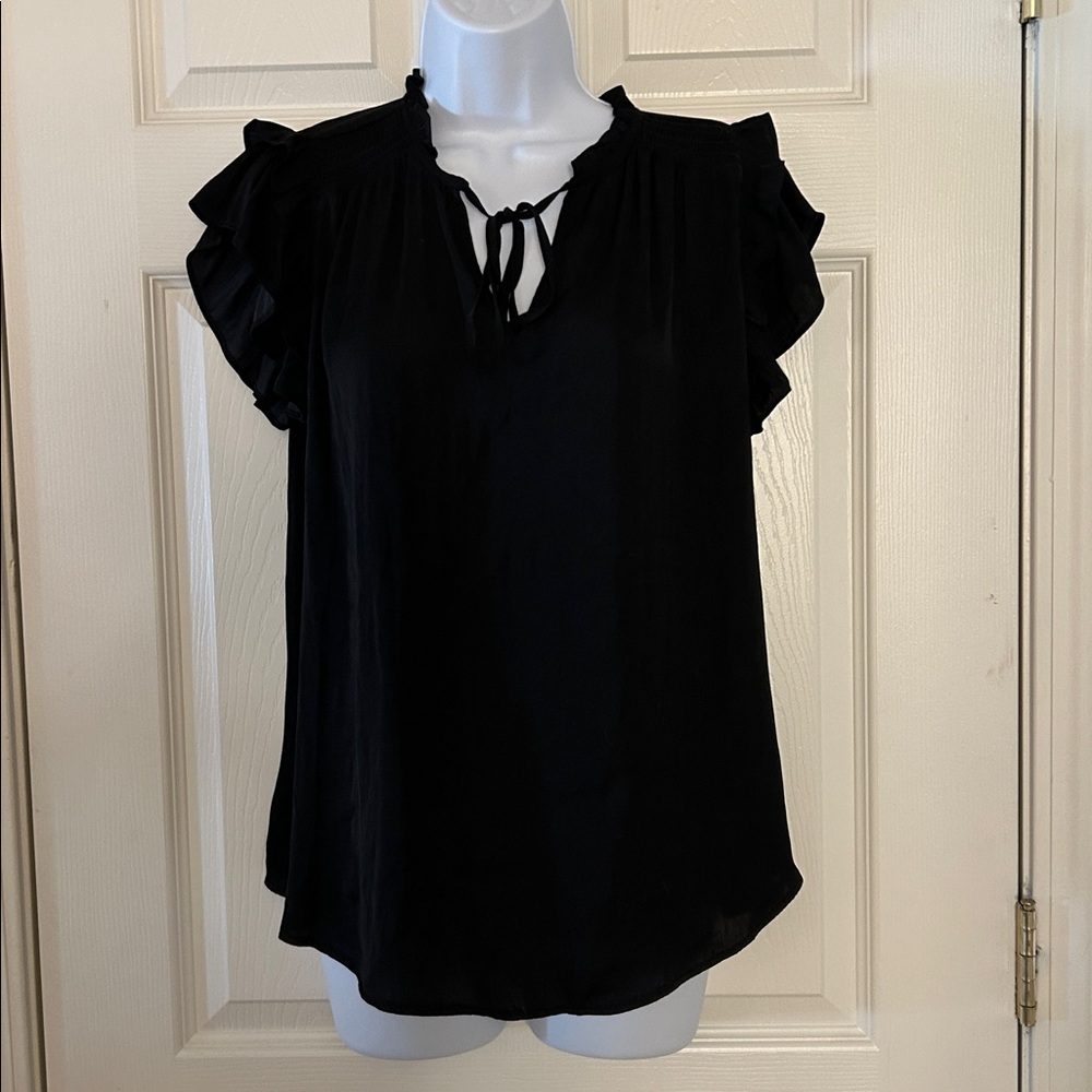 Black Ruffle Sleeve Tie-Neck Women's Top